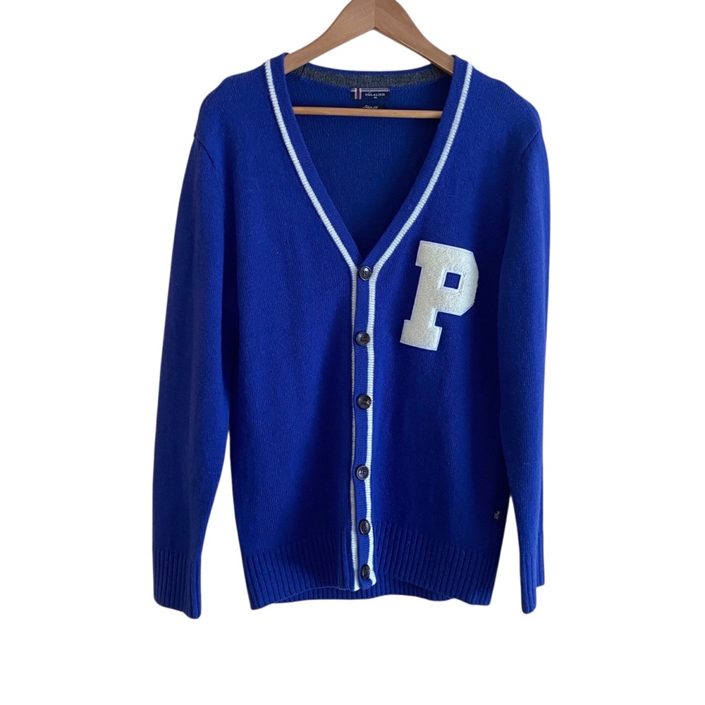 Paul Louis Letterman Cardigan Men Small Blue Preppy Retro Academia Colligate